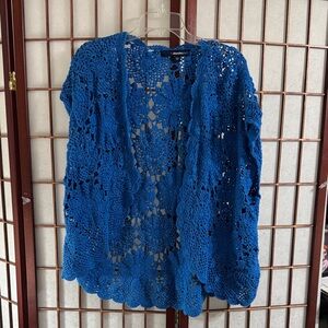 Denim&Co Royal Blue Crochet Open-Front Cardigan Vest